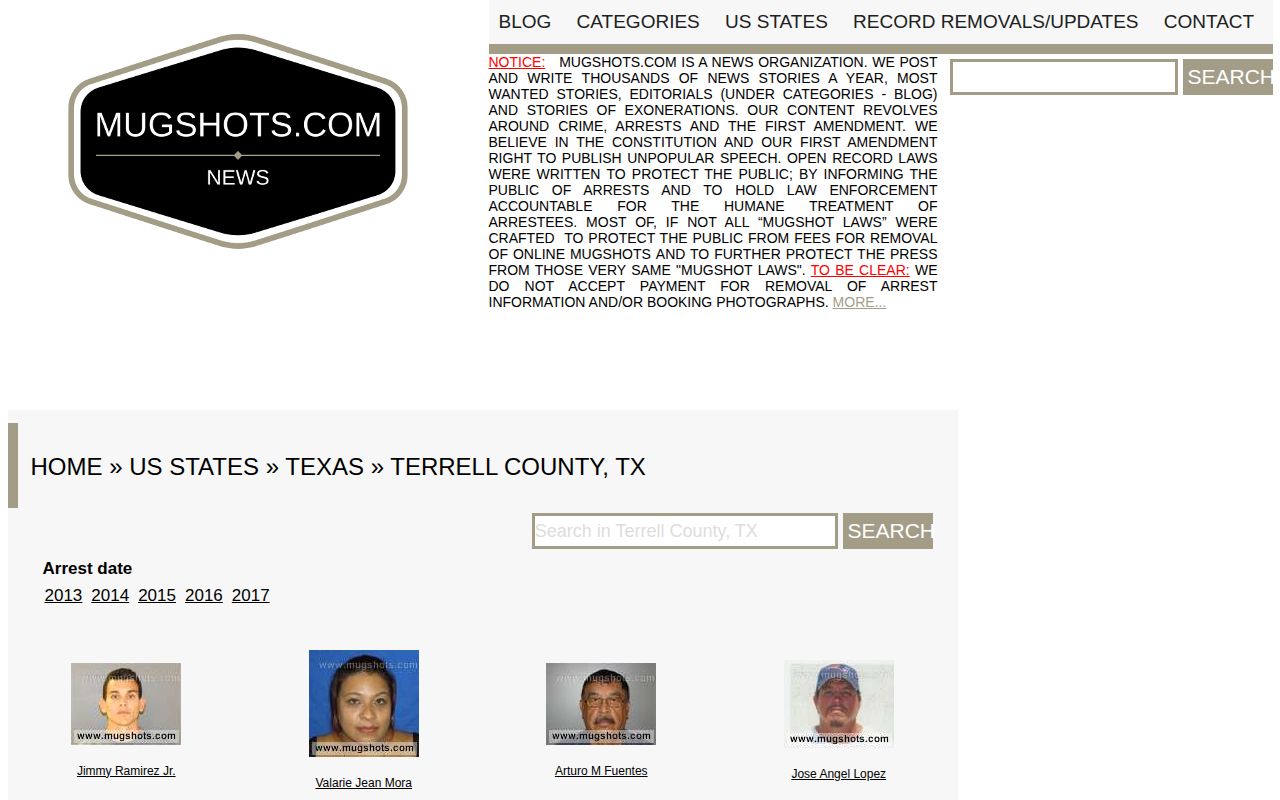 Terrell County commercial mugshot inventory source shown as an unofficial record reference